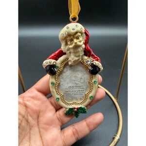 Enamel Santa Claus Photo Frame Christmas Ornament Crystal Accents Red Gold 4in